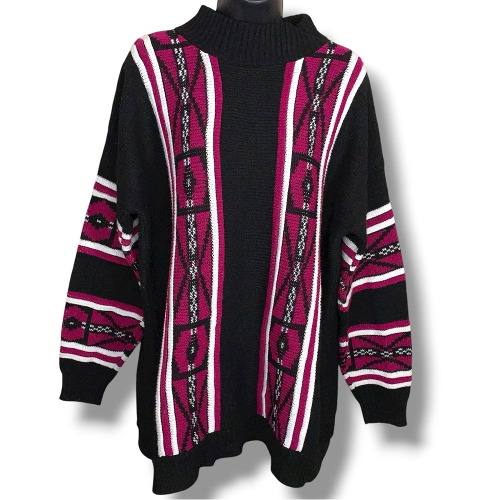 Vintage 1980s Era Large Oversized Clifton Place Sweater Black Pink Geometric